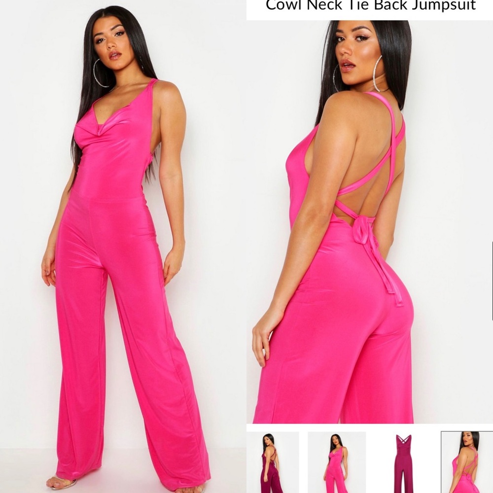 HOT PINK JUMPSUIT // SILKY WITH LACE UP BACK